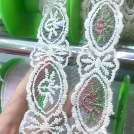 White mesh fabric with embroidered lace and small barcodes is available in stock White mesh fabric with embroidered lace and small barcodes is available in stock